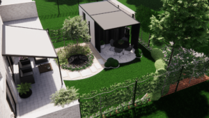 Kleine achtertuin met waterpartij en modern tuinhuis met zithoek